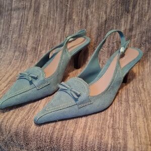 Pointed Slingback Heels in Teal Suede with Bow Accent